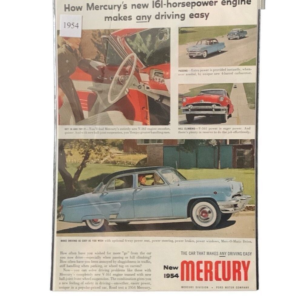 Vintage 1954 Mercury 161 Horsepower Engine Ad Advertisement